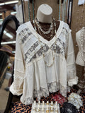 Cream Mixed Knit and Lace Top