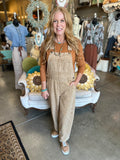 Leopard Print Twill Overalls in Camel Color