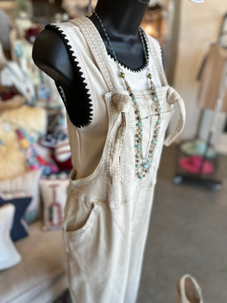 Washed Knot Strapped Overalls in Mahogany, Beige and Teal