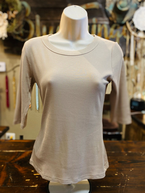Rib Knit 3/4 Sleeve Top in Black, Taupe or Ivory