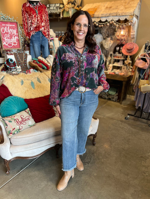 Teal Floral Velvet Burnout Blouse