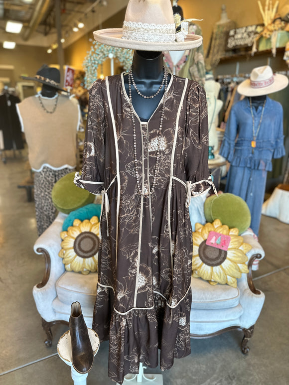 Brown Botanical Print Dress