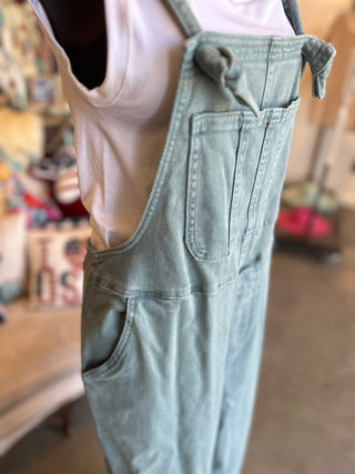 Washed Knot Strapped Overalls in Mahogany, Beige and Teal