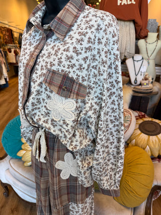 Mocha Plaid Floral Patch Top