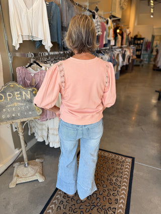 Peach Terry Knit Lace Contrast Top