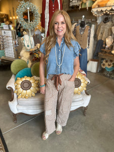 Washed Denim Ruffle Sleeve Blouse