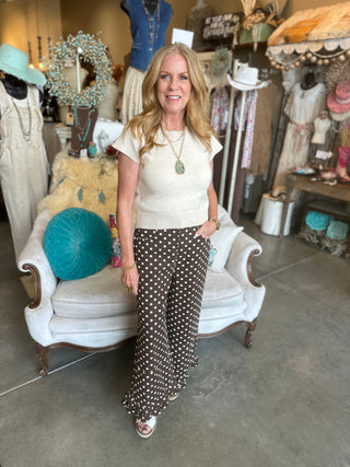 Brown and White Polka Dot Ruffled Jean