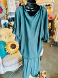 Teal, Oatmeal or Brown Ruffled Linen Blend Top