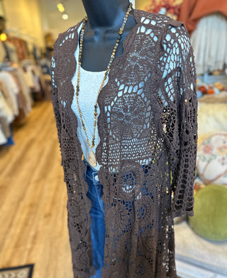 Crochet High Low Cardigan in Black, Brown and Natural