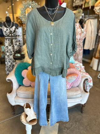 Ruffled Linen Top in Camel or Khaki
