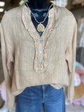 Linen Ruffle Neck Blouse in Beige, Black or Camel