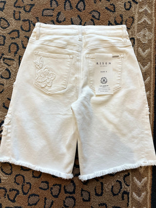 Risen Cream Floral Embroidered Bermuda Shorts