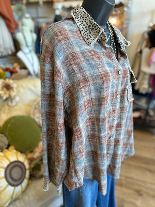 Brick Plaid Leopard Trim Flannel