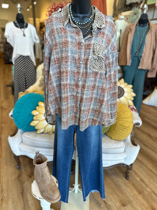 Brick Plaid Leopard Trim Flannel