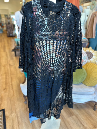 Crochet High Low Cardigan in Black, Brown and Natural