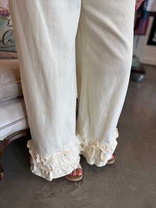Cream Ruffle Hem Pants