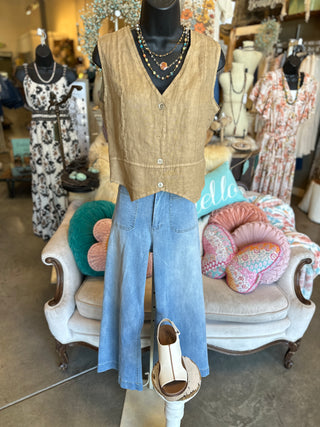 Stitched Linen Vest In Brown or Camel