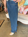 Ruffle Wide Leg Twill Pant in Denim