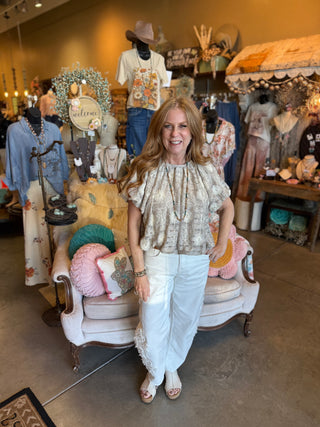 Taupe Flower Embroidered Blouse