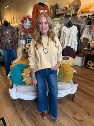 Straw Colored Sweatshirt w/Fringe Detail