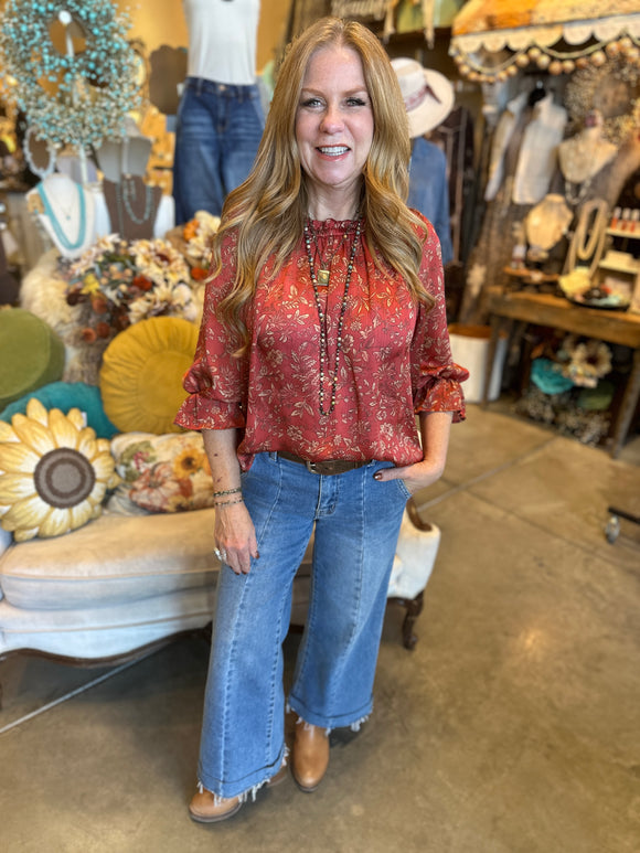 Rust Floral Satin Top