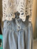 Drawstring Button Wide Leg Jean
