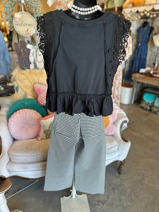 Black Side Lace Trim Ruffle Hem Top