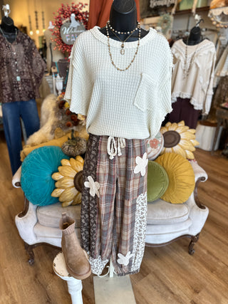 Mocha Plaid Floral Patch Pants
