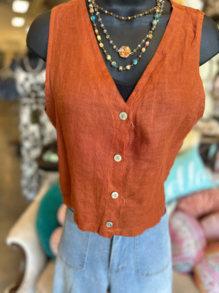 Rust Basic Linen Vest