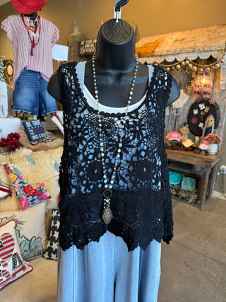 Black or Natural Scalloped Crochet Tank Top