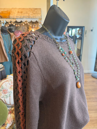 Brown Contrasting Crochet Knit Sweater