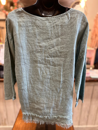 Linen 3/4 Sleeve Fringed Blouse in Black, Camel, Duck Green, White and Khaki