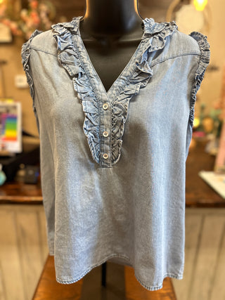 Denim Ruffle Edge Sleeveless Top