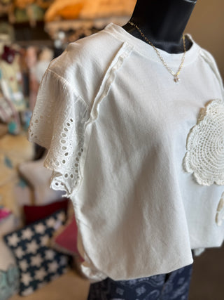 White Lace Sleeve Crochet Patch Top