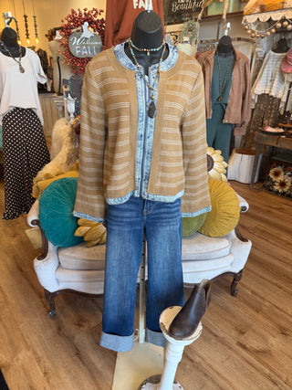 Denim Trim Striped Knit Zip Up Jacket