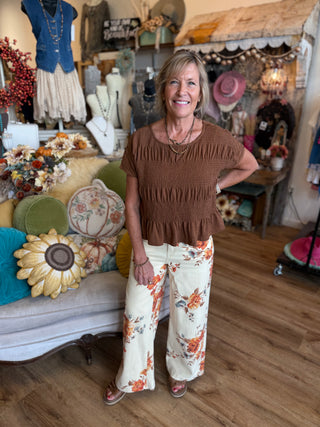 Toffee Smocked Top