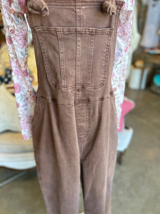 Washed Knot Strapped Overalls in Mahogany, Beige and Teal