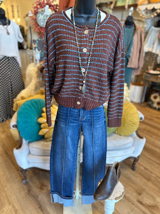 Brown Sugar Striped Textured Knit Cardigan Sweater
