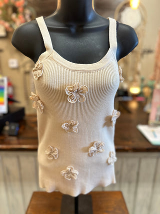 Flower Patch Knitted Tank Top in White or Tan