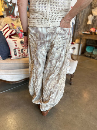 Blue or Tan Striped Embroidery Pant