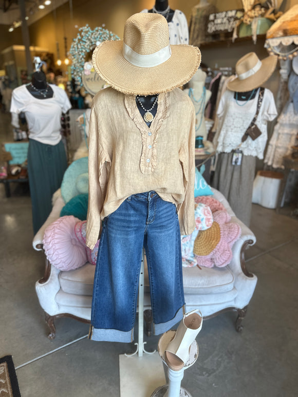 Linen Ruffle Neck Blouse in Beige, Black or Camel