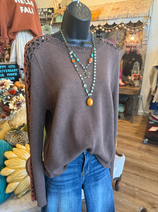 Brown Contrasting Crochet Knit Sweater