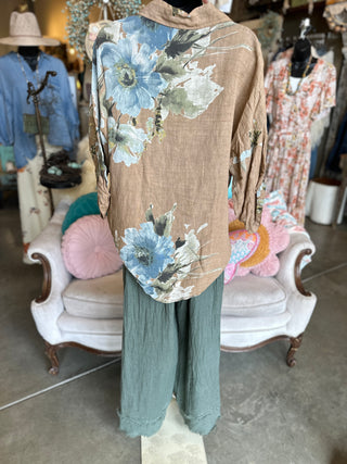 Floral Print Linen Blouse in Beige, Camel, White or Black