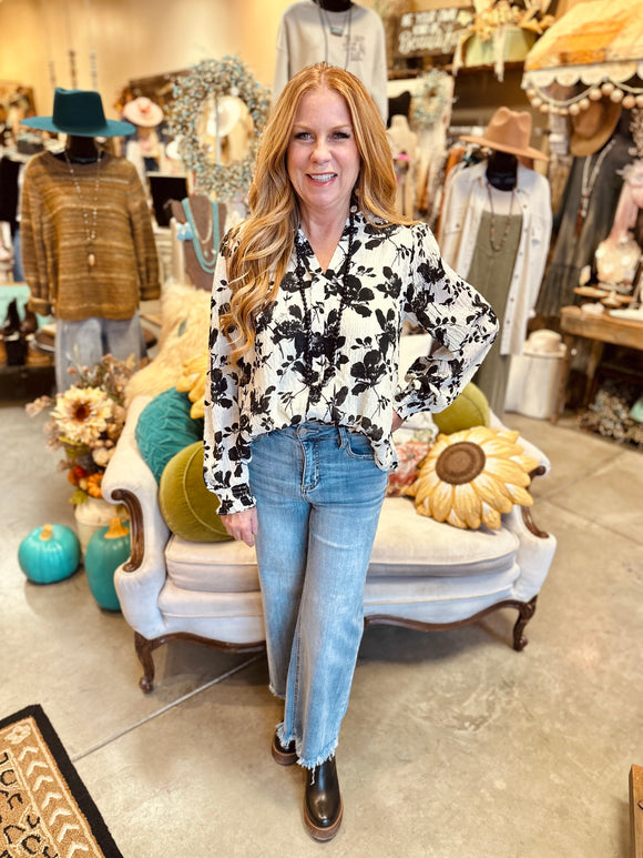 Brown  or Black Floral Print Crinkle Blouse