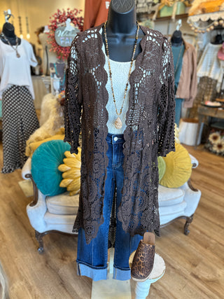 Crochet High Low Cardigan in Black, Brown and Natural