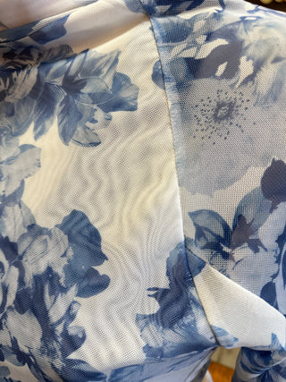 Blue and White Floral Mesh Top