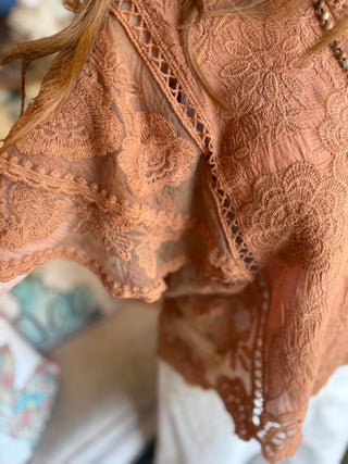 Pol Crochet Trim Top in Camel