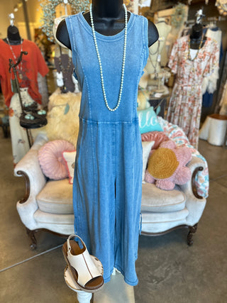 Washed Terry Jumpsuit in Denim Color