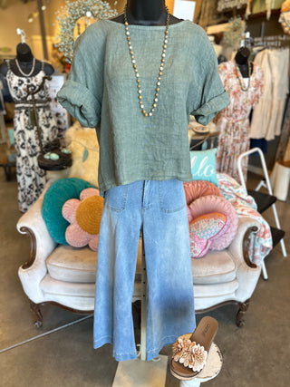 Linen Rolled Sleeve Top in Beige, Brown or Khaki