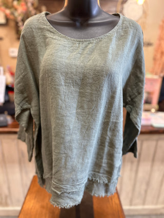 Linen 3/4 Sleeve Fringed Blouse in Black, Camel, Duck Green, White and Khaki